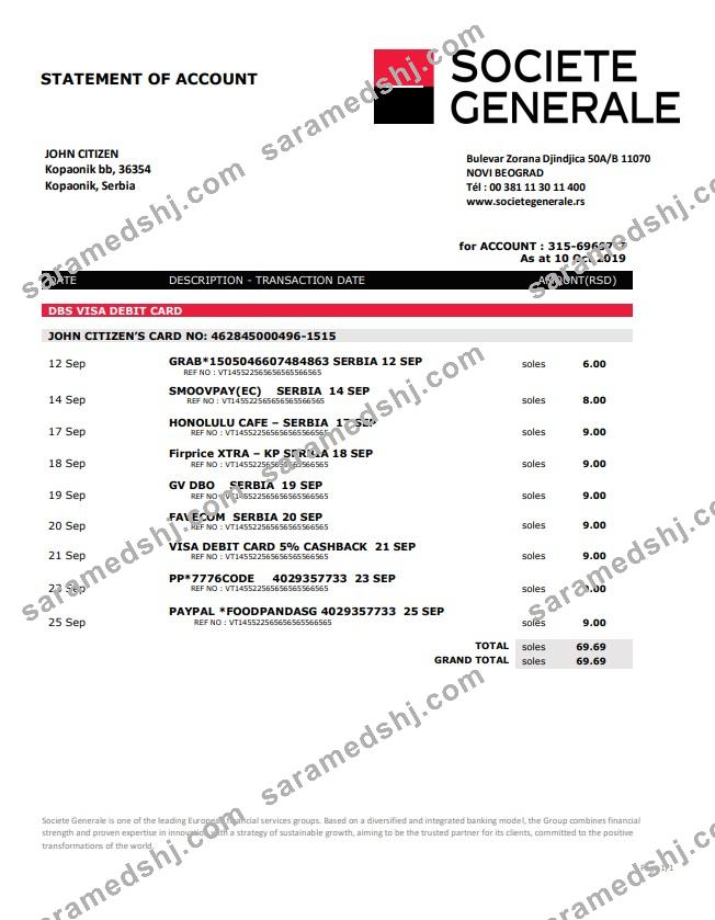Serbia Societe Generale bank proof of address statement template in Word and PDF format